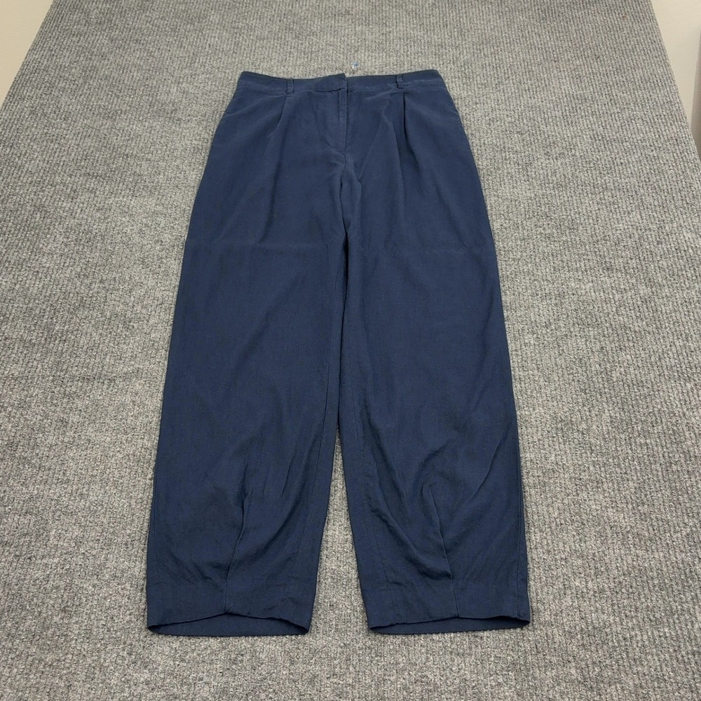 Open Edit Pants Womens M Blue Linen Viscose Pleated Elastic Waist Tapered Casual